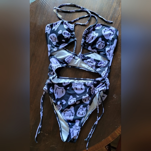 Purple trippy melting smiley face rave swim suit - Picture 4 of 4